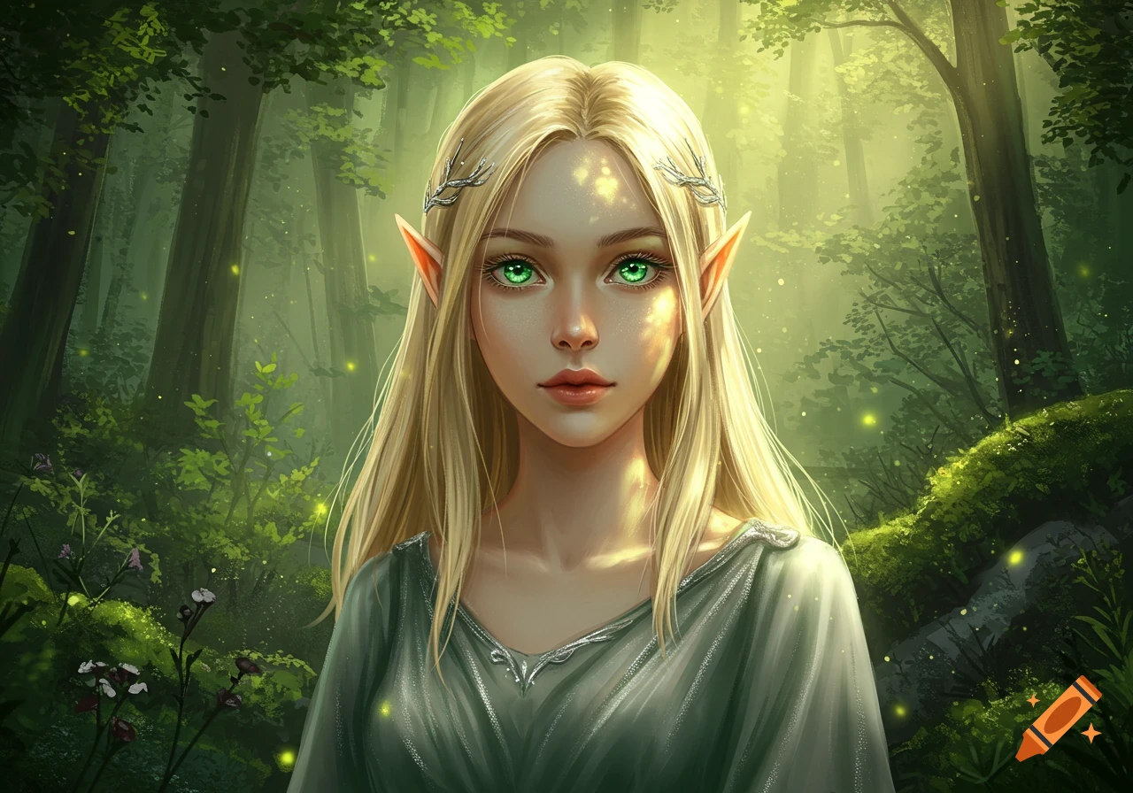 A young elf woman with long blonde hair and bright green eyes looks forward in a magical sunlit forest.
