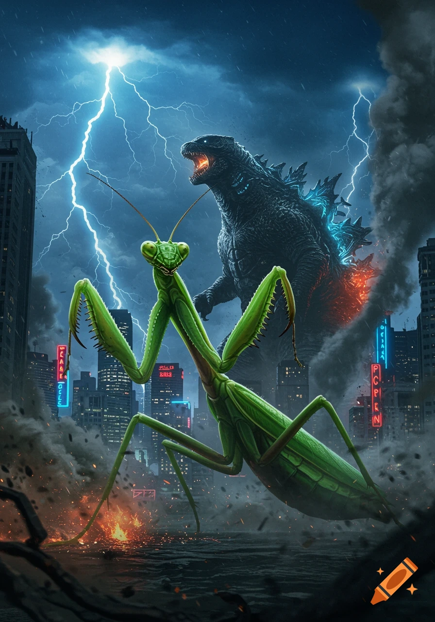 A giant praying mantis and Godzilla battle in a ruined city under a stormy, lightning-filled sky.
