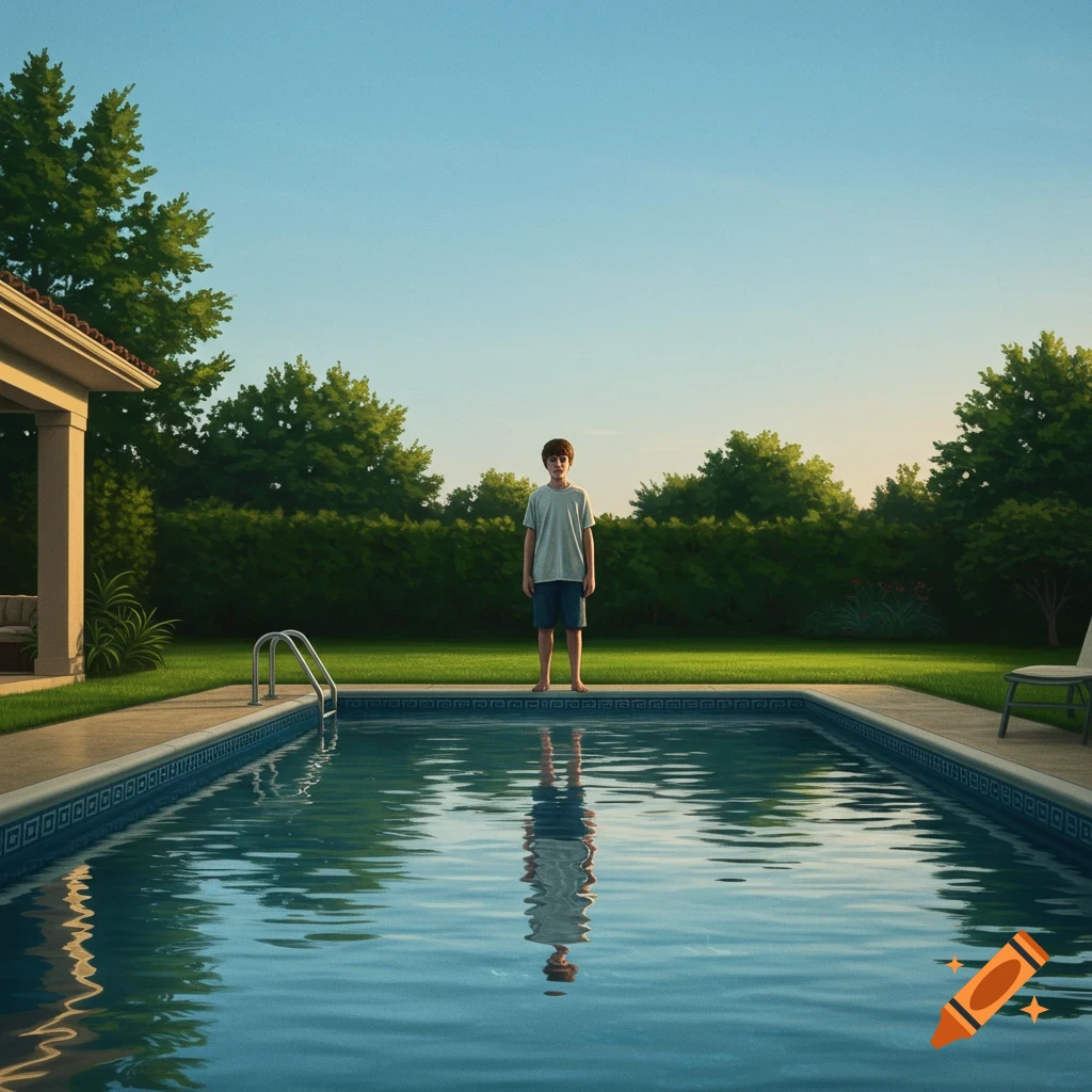 A boy stands at the edge of a swimming pool in a green backyard with a house and trees under a clear sky.