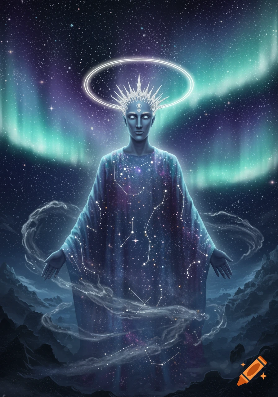 A majestic cosmic being with blue skin, a spiky crown, and a halo, adorned with constellations, against an aurora and starry sky.