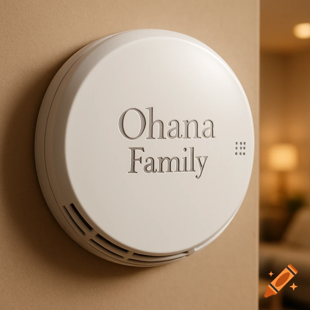 A close-up shot of a white circular smoke detector mounted on a beige wall, featuring the embossed text "Ohana Family" in the center.