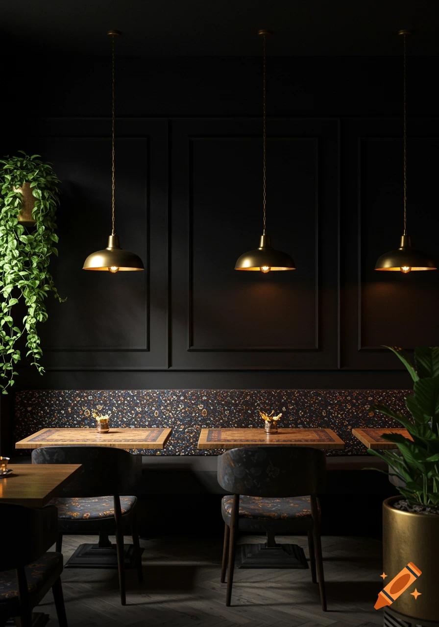 A dark, modern cafe interior with golden pendant lights, green plants, and patterned furniture.