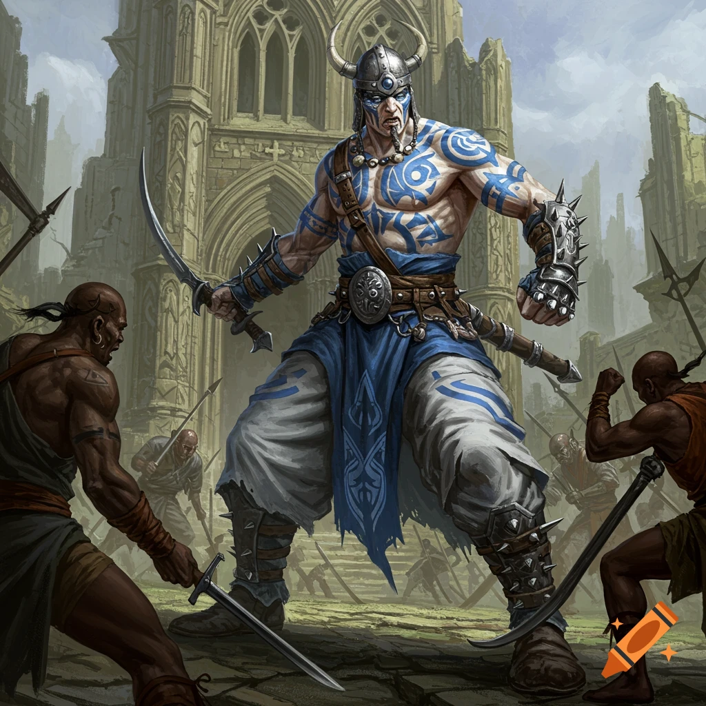 A muscular barbarian with blue tribal tattoos and a horned helmet fights bandits in front of a ruined monastery, in the style of Frank Frazetta.