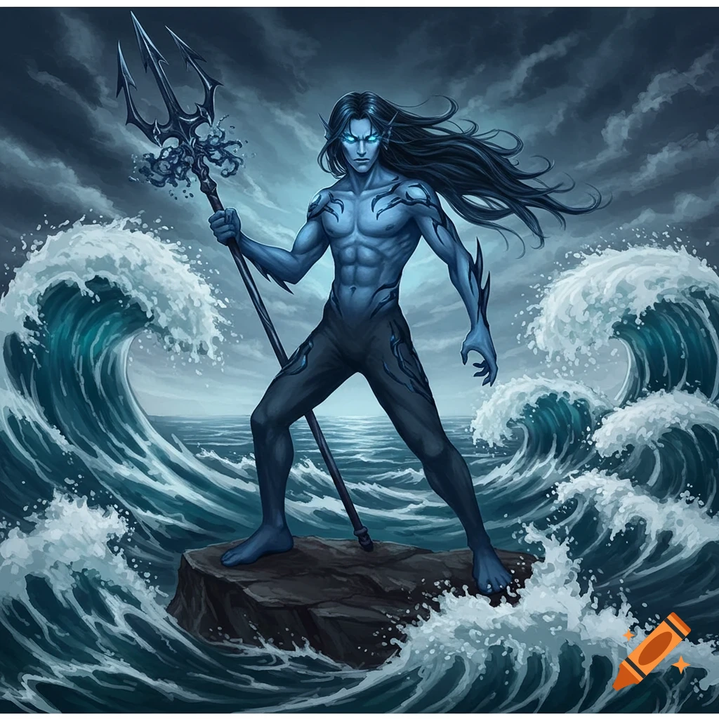 Blue-skinned, long-haired man with glowing eyes and a trident stands on a rock amidst stormy waves under a dark sky, anime style.
