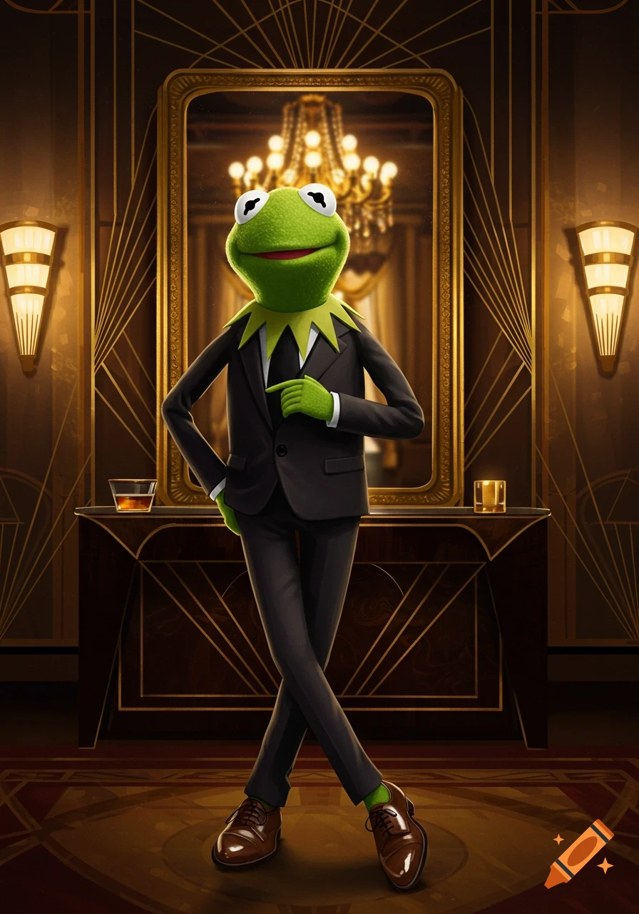 Kermit the Frog in a black suit stands in a luxurious Art Deco room, pointing with one hand.
