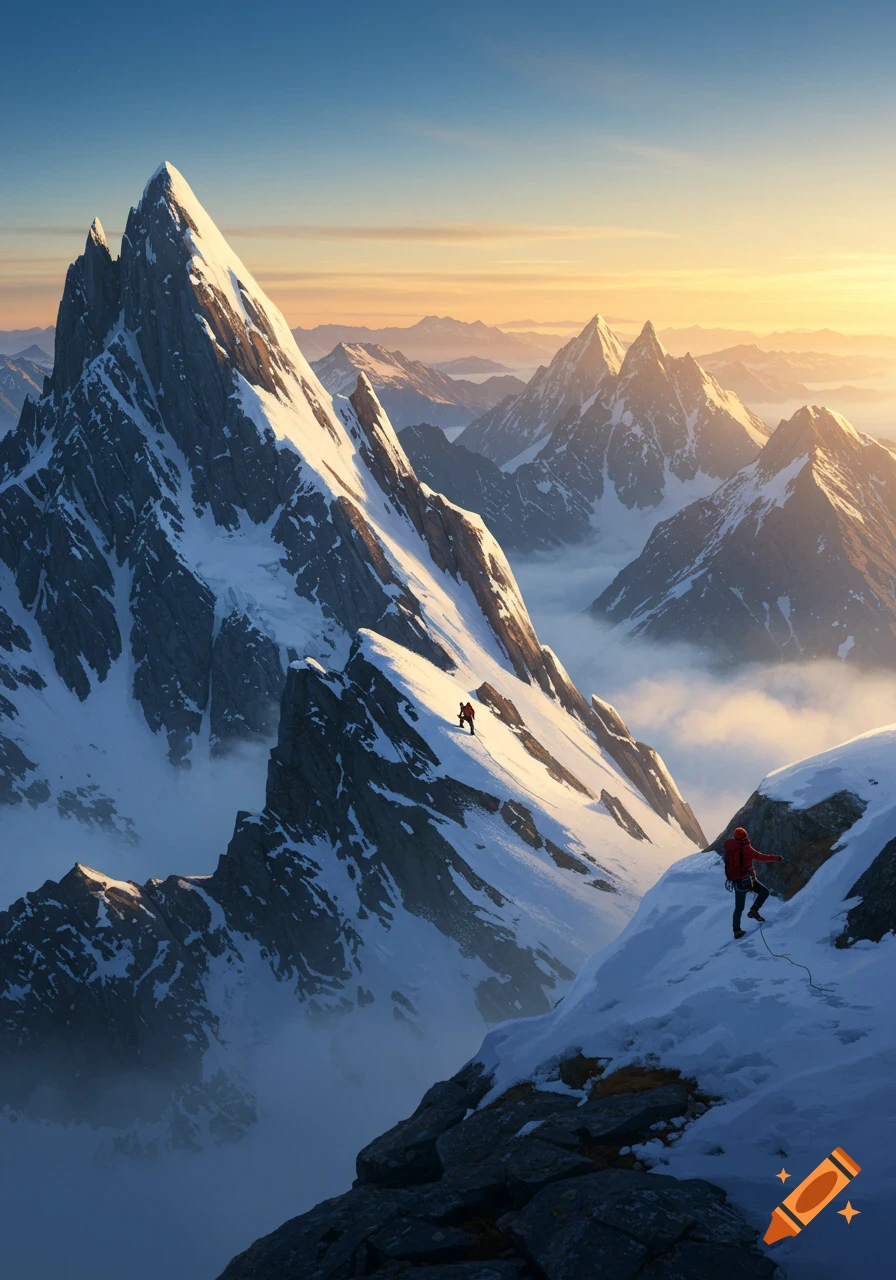 Two climbers ascend a snow-covered mountain range at sunrise, with clouds filling the valleys below.