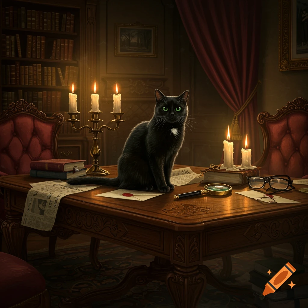 A black cat with green eyes sits on a wooden desk surrounded by papers, books, candles, and a magnifying glass, in a dimly lit study.