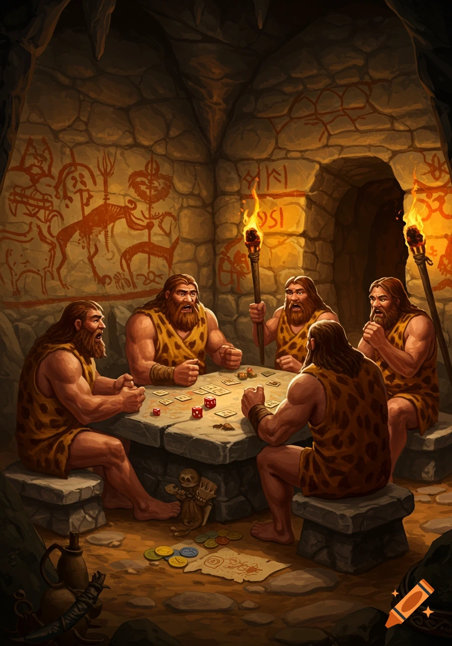 Five muscular cavemen in leopard print tunics play a board game with dice and cards on a stone table inside a torchlit cave with red cave paintings and symbols on the walls.