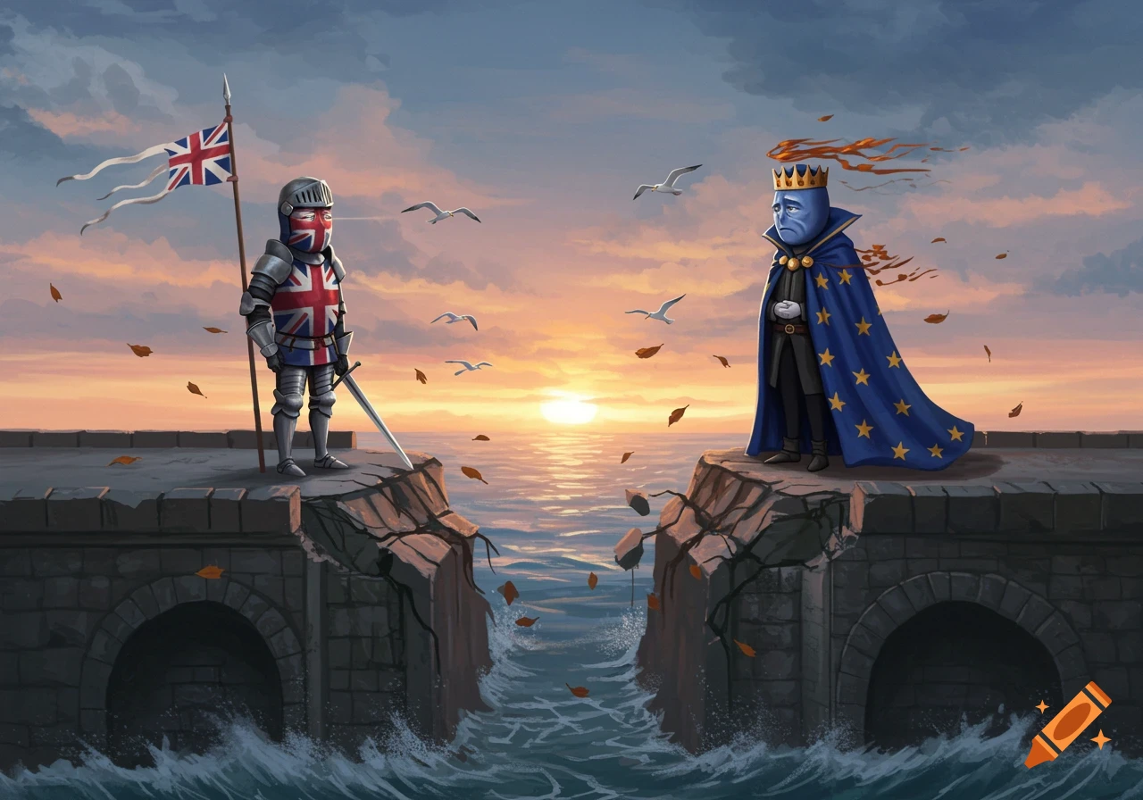 A knight in British flag armor and a blue figure in an EU flag cape stand on opposite sides of a broken bridge over water at sunset, symbolizing Brexit.