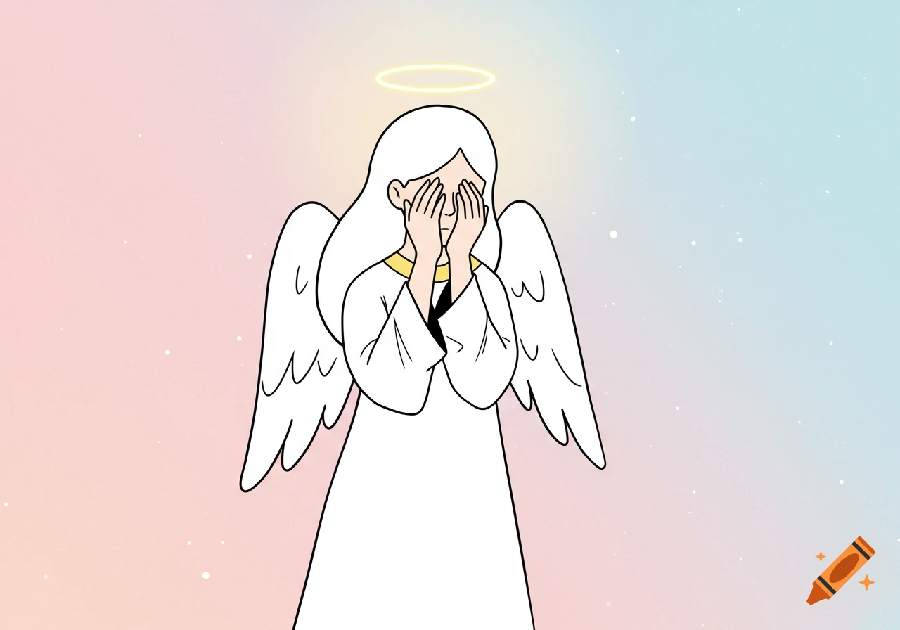 A simple cartoon angel with a halo, covering her eyes with her hands on a pastel gradient background.