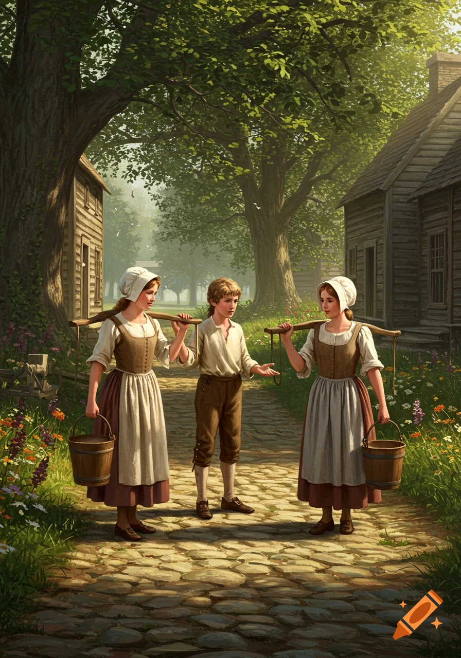 Three young people in colonial attire, two girls with water buckets on a yoke, and a boy, on a stone path in a village.