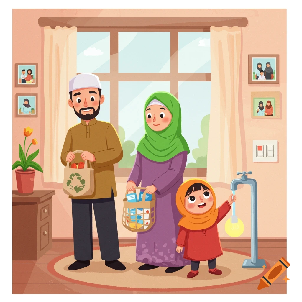 A cartoon Muslim family in their home. The father holds a reusable bag, the mother holds a basket of groceries, and their daughter stands by a faucet with a glowing lightbulb.