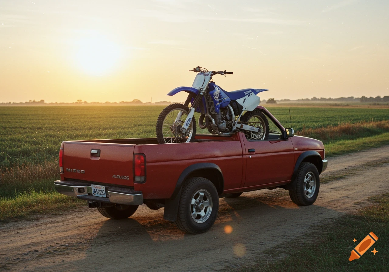 A red pickup truck with a blue and white dirt bike in its bed, parked on a dirt road in a field at sunset.