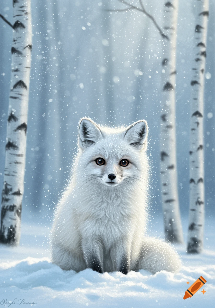 A white fox with big brown eyes sits in the snow in a birch forest during a snowfall.
