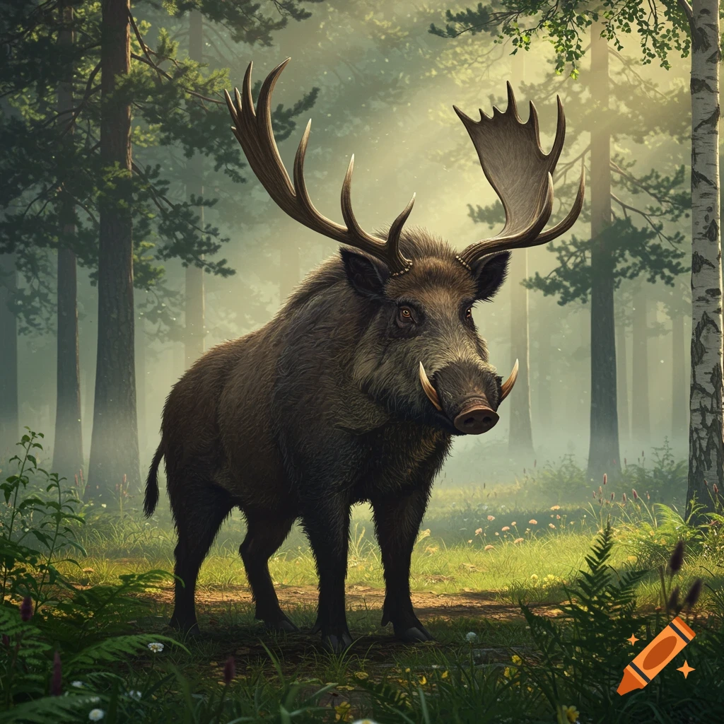 A large, shaggy boar with moose antlers stands in a misty forest, sunlight filtering through the trees.