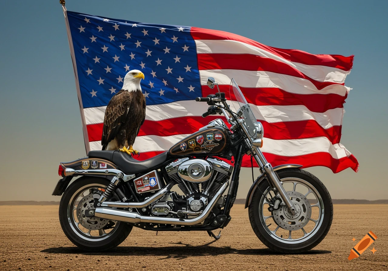 A photorealistic image of a bald eagle perched on a motorcycle, with a large American flag waving behind it in a desert landscape.