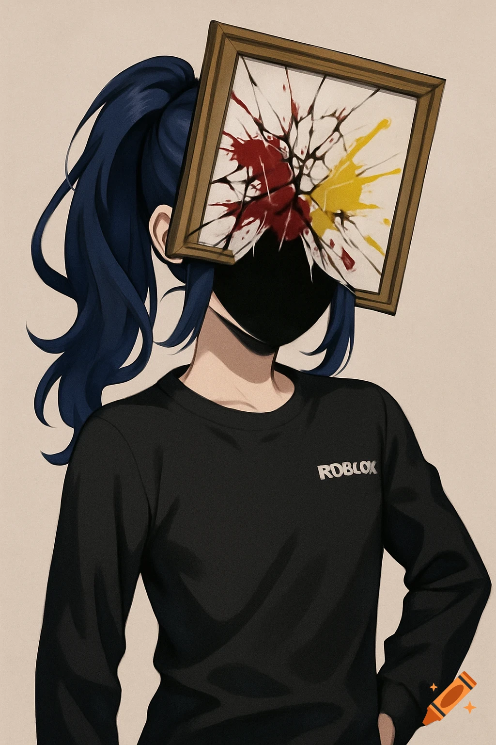 An anime-style character with dark blue hair and a black long-sleeve shirt with "ROBLOX" text. Their face is blacked out and a tilted, broken painting with red and yellow splatters covers their head.
