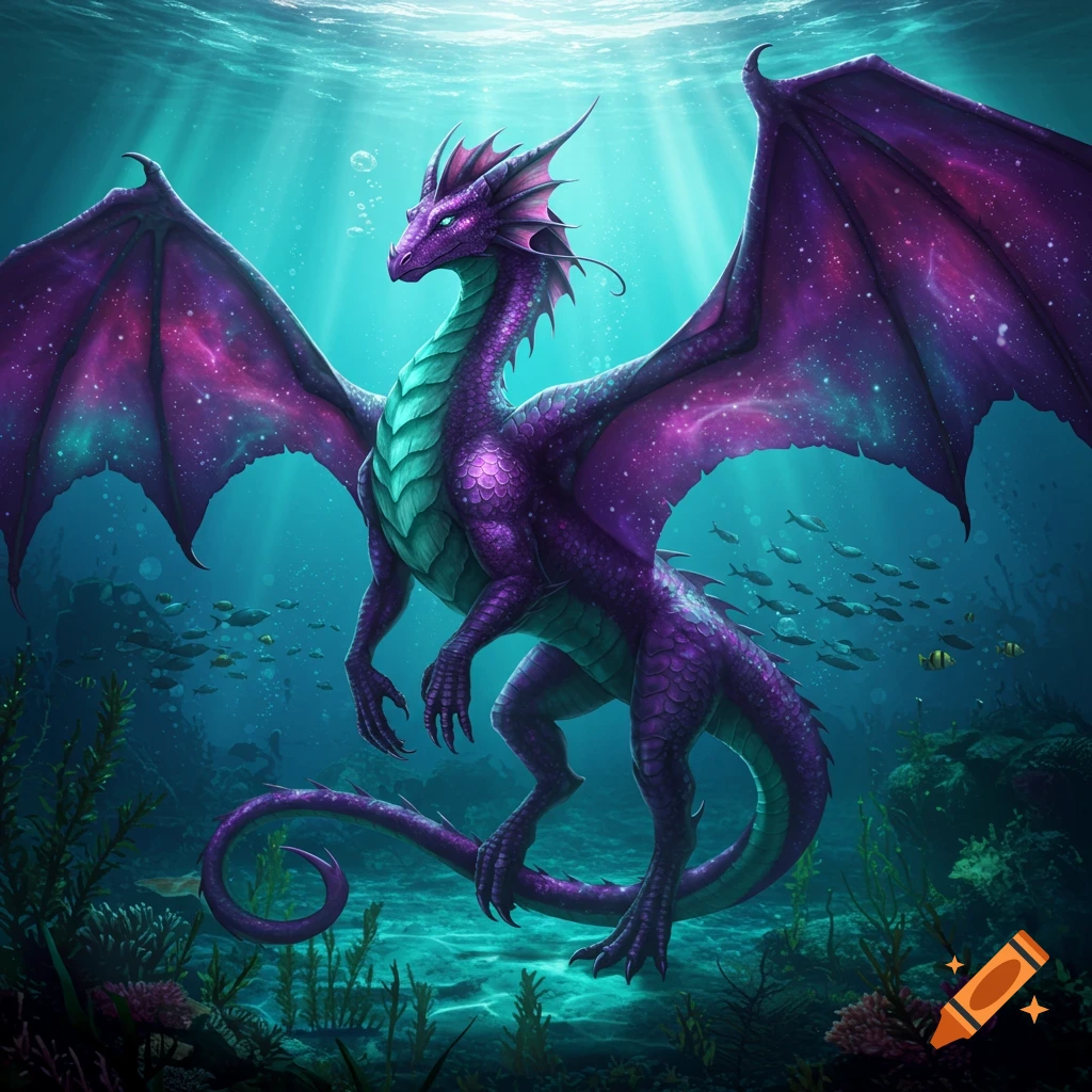 A large purple and teal galaxy-winged dragon stands underwater with wings spread, surrounded by light rays, fish, and coral.