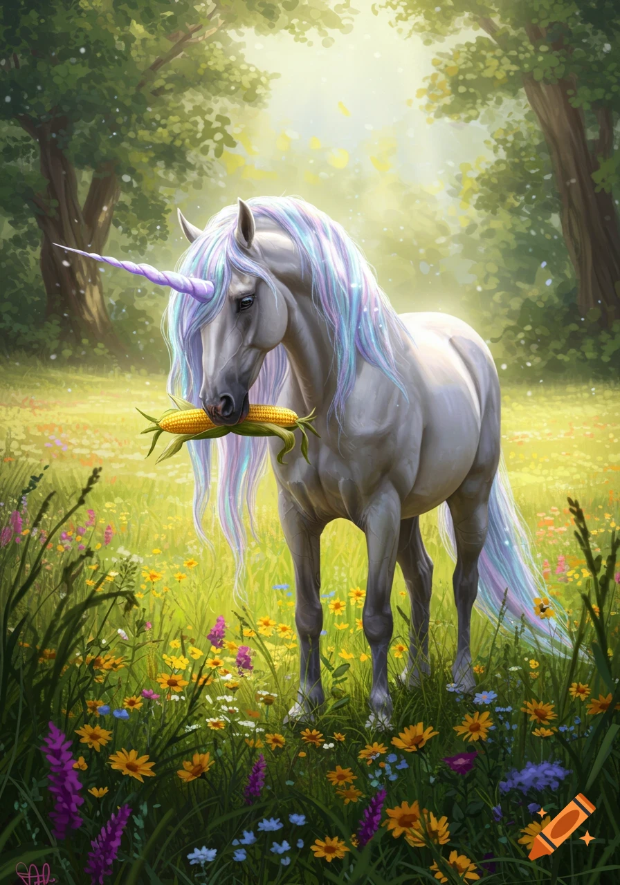 A majestic white unicorn with a colorful mane stands in a meadow, holding a corn on the cob in its mouth, sunlight filters through trees in the background.