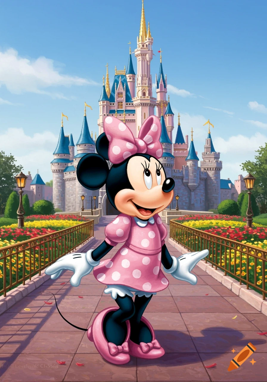 Minnie Mouse in a pink polka dot dress stands on a path in front of a Disney-style castle with gardens under a blue sky.