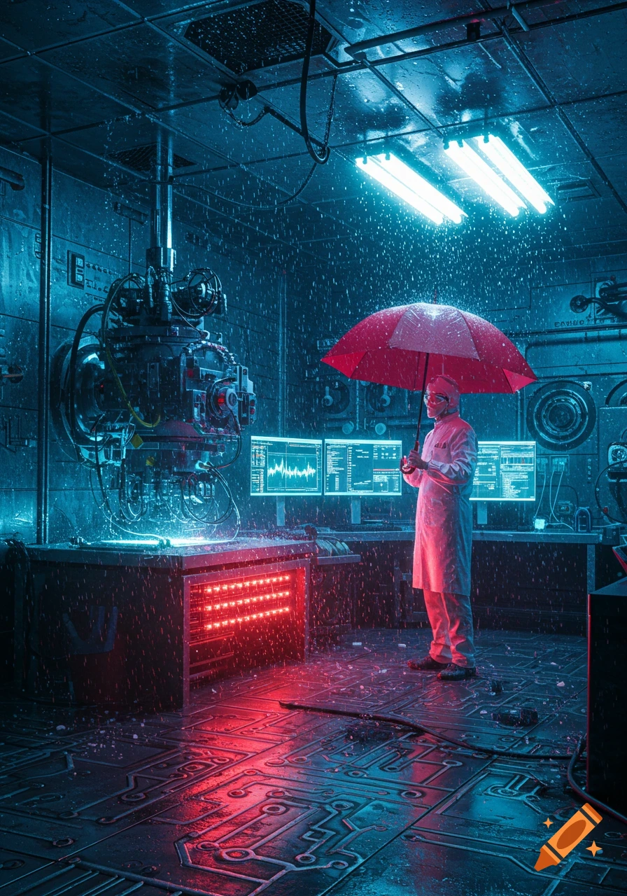 A futuristic lab scene with an engineer holding a red umbrella as rain falls inside, surrounded by glowing blue screens and red lights.