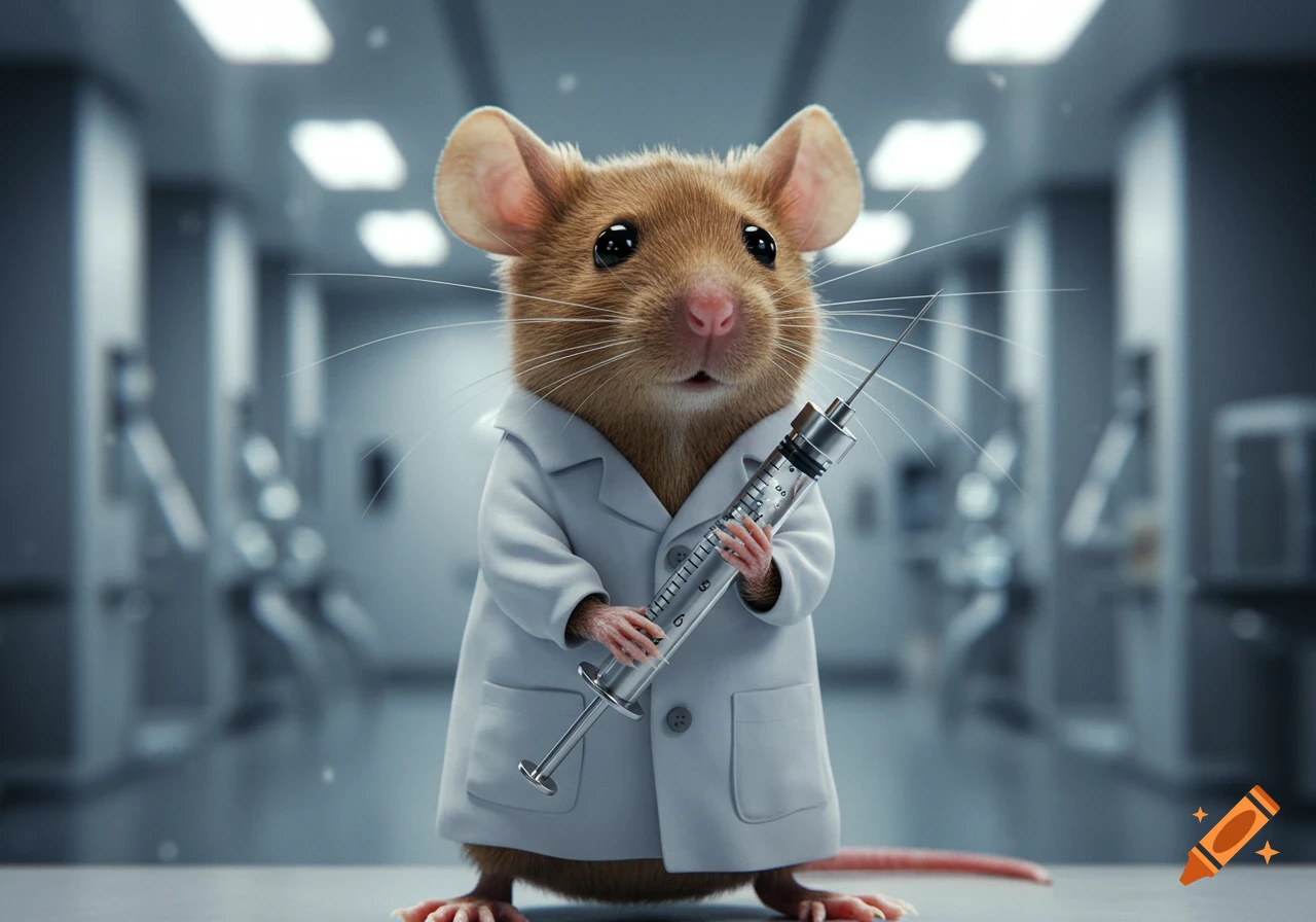 A photorealistic mouse wearing a white lab coat holds a syringe in a sterile laboratory setting.