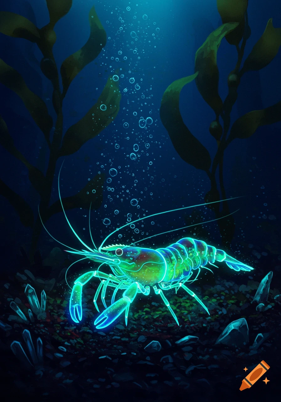 A glowing, translucent blue and green shrimp swims in dark water among kelp and rocks, with bubbles rising.