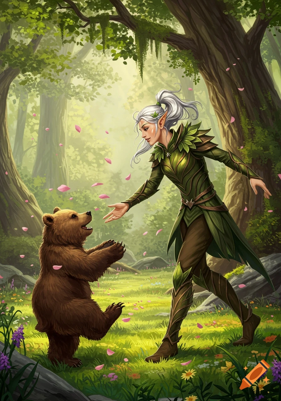 A white-haired elf in green leafy armor extends a hand to a standing brown bear in an enchanted forest with pink petals.