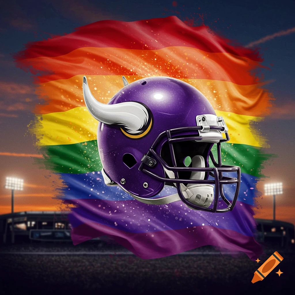 A purple football helmet with white horns over a rainbow pride flag with a stadium background.