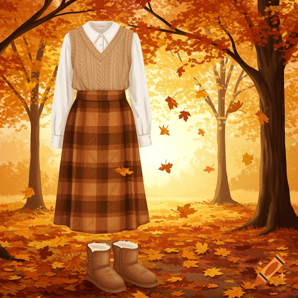An autumn outfit featuring a white shirt, tan sweater vest, and plaid skirt, with Ugg boots, set in a fall forest with falling leaves.
