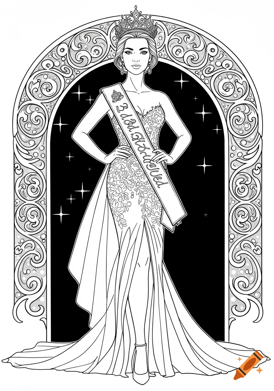 Black and white line drawing of a pageant queen wearing a crown, an elaborate gown, and a sash, standing in an ornate archway.
