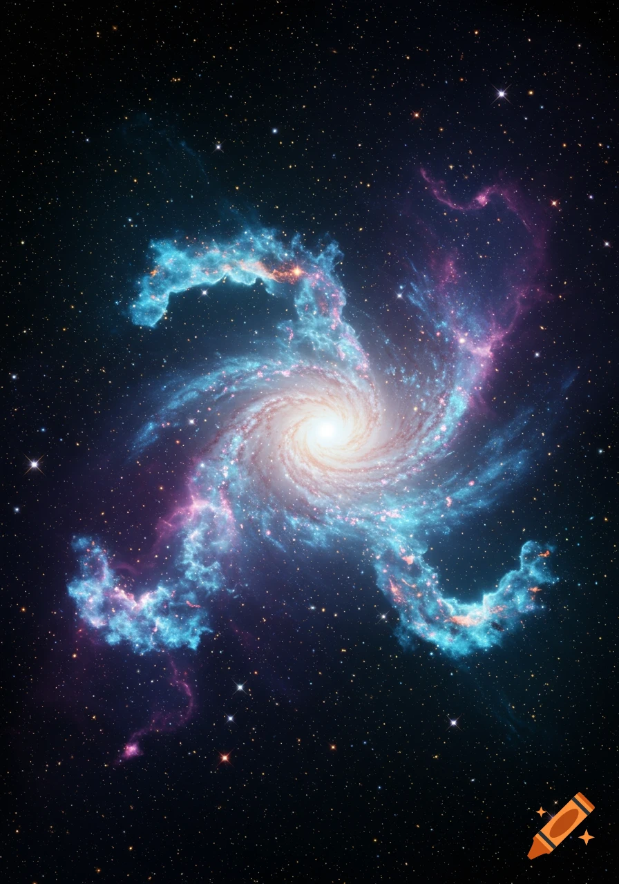 A vibrant spiral galaxy with blue and pink nebulae against a starry dark space background.