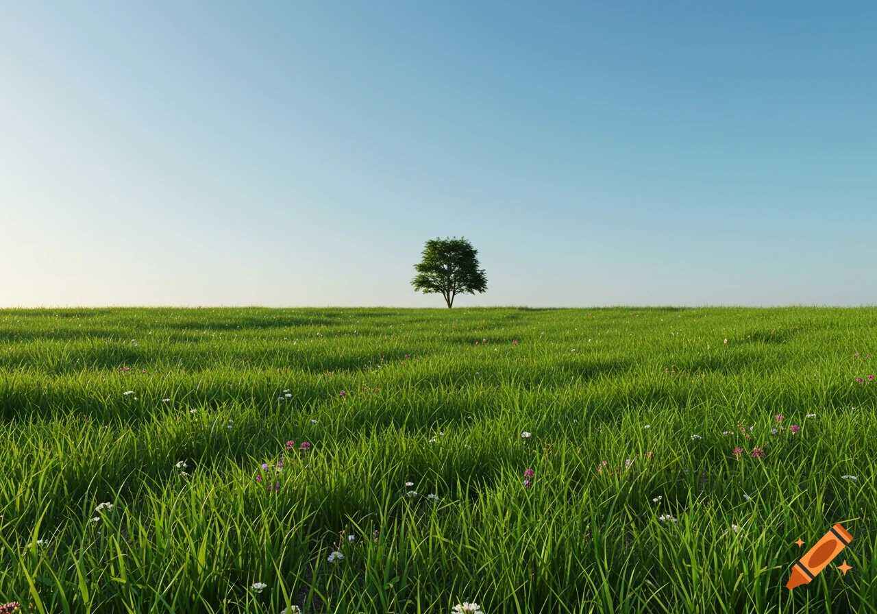 A single tree stands prominently in the middle of a vast, vibrant green grassy field under a clear blue sky.