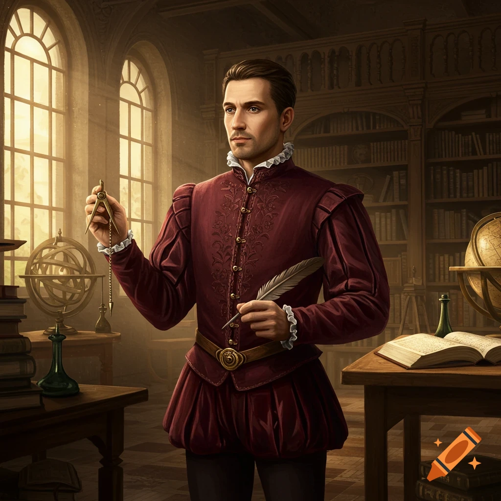 A man in a red Renaissance suit holds a quill and a divider in a sunlit library with books and scientific instruments.