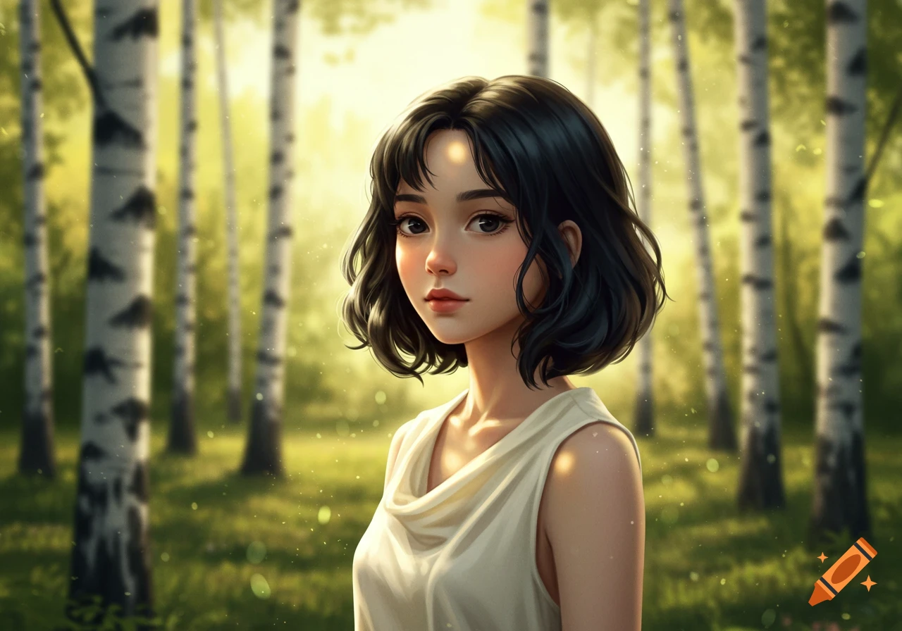 Anime girl with dark hair in a white top stands in a sunlit birch forest.