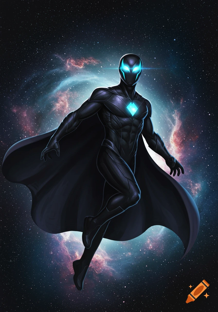 A superhero in a black suit with glowing blue eyes and a chest emblem floats in deep space with a nebula.