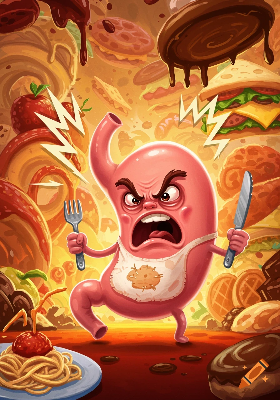 A cartoon angry pink stomach wearing a bib, holding a fork and knife, surrounded by a chaotic background of various foods.