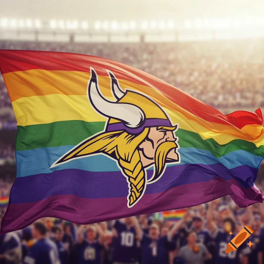 A Minnesota Vikings logo on a rainbow pride flag waving in a sunlit sports stadium with a blurred crowd.