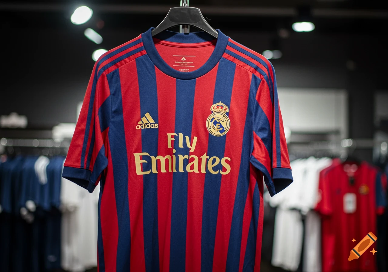 A red and blue striped soccer jersey with Adidas, Fly Emirates, and Real Madrid logos, hanging on a hanger in a store.