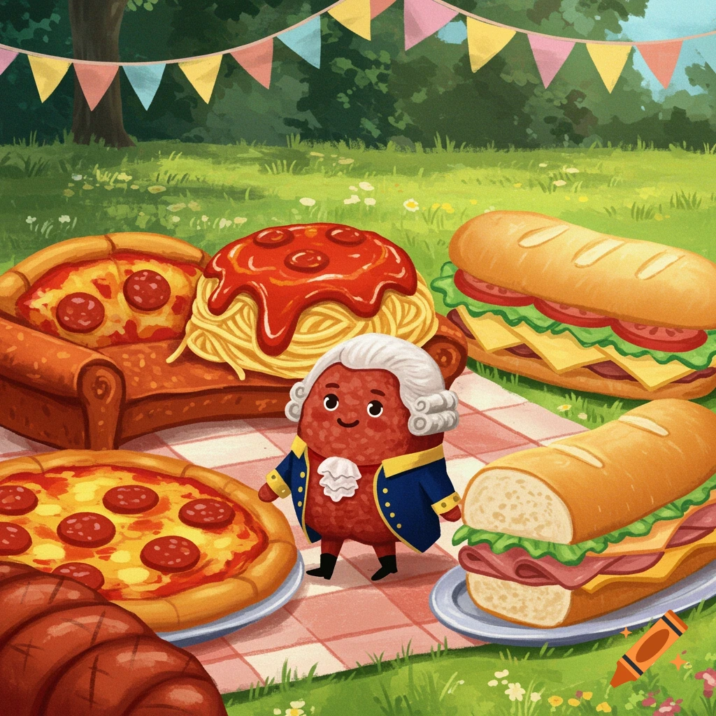 A cute meatball dressed as George Washington stands on a picnic blanket surrounded by pizza, spaghetti, and sandwiches in a vibrant, whimsical illustration.
