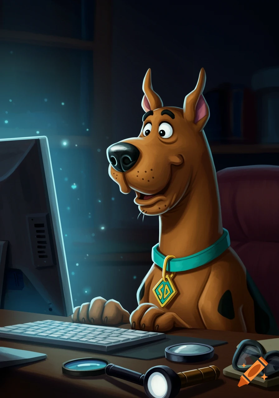 A cartoon illustration of Scooby-Doo intently looking at a glowing computer screen at a desk in a dark room.