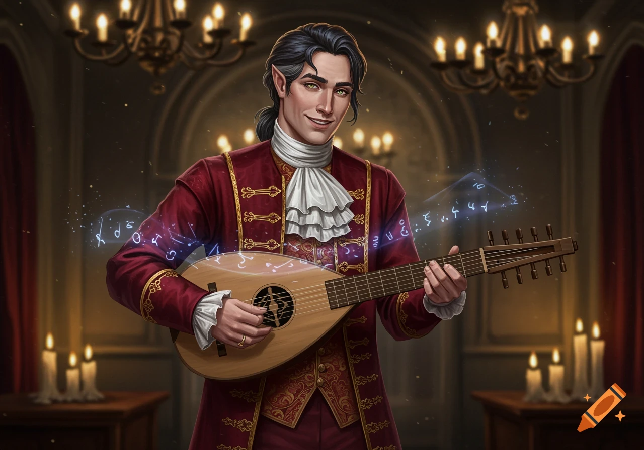 A charismatic elf warlock-bard in an ornate red and gold coat plays a lute in a dimly lit room, with glowing blue magical sigils floating around him.
