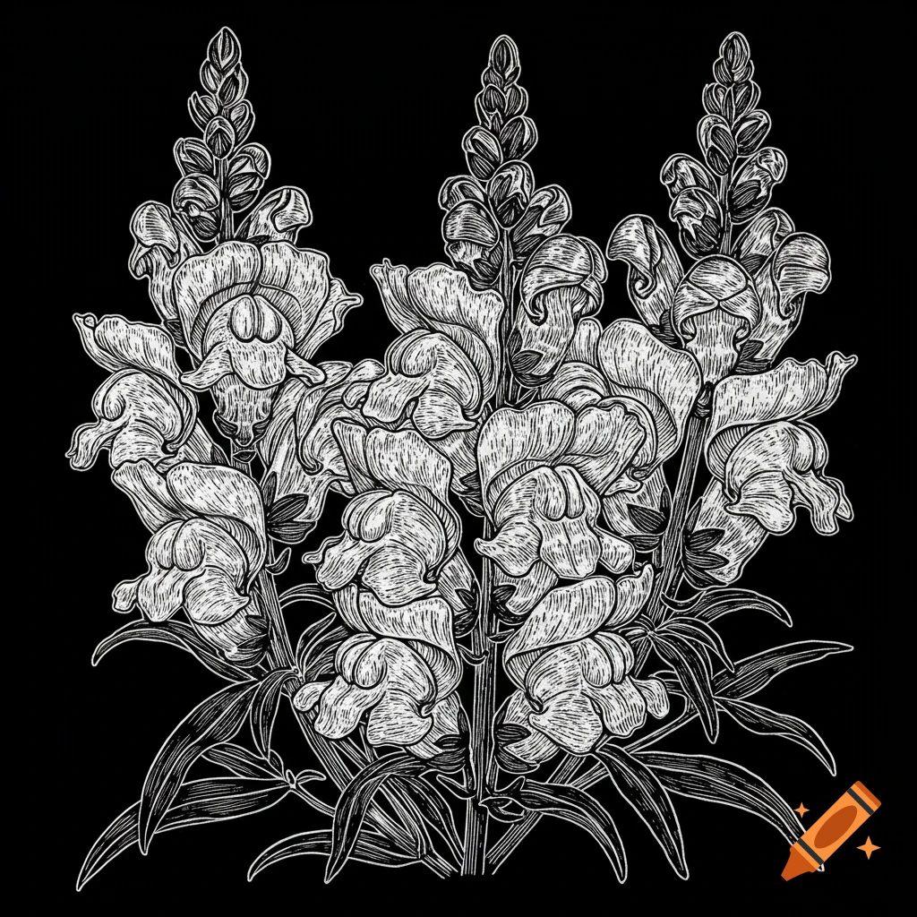Black and white relief print illustration of snapdragon flowers and leaves.