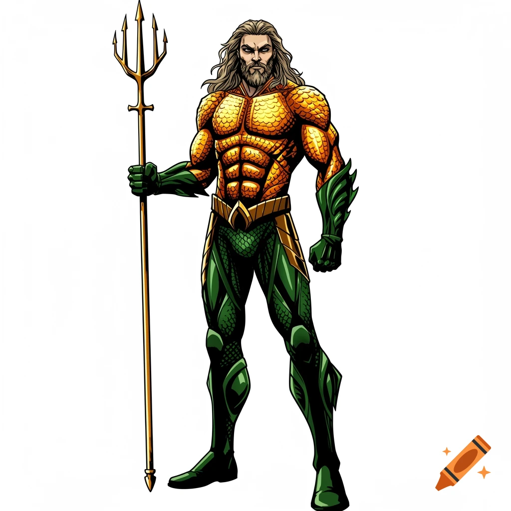 Aquaman in his classic suit holding a golden trident, striking a powerful front-facing pose in an anime art style on a white background.