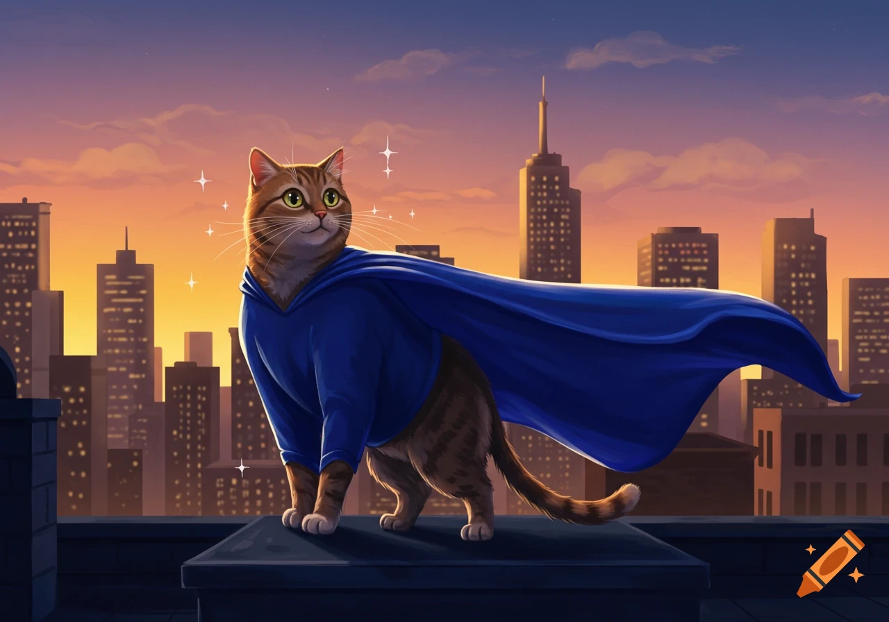 A cartoon tabby cat in a blue superhero suit and cape stands on a city rooftop at sunset.