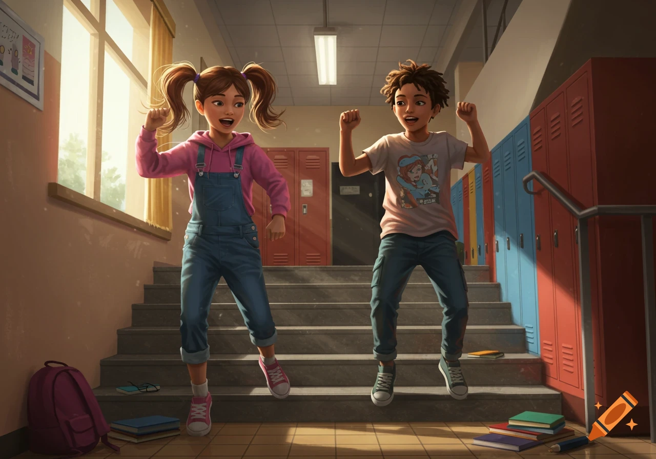 A girl and a boy jump excitedly on school stairs in a vibrant, illustrative style.