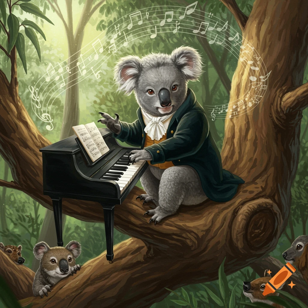 A koala dressed in a green coat and ruffled shirt plays a black piano on a tree branch, surrounded by musical notes and other small animals in a forest.