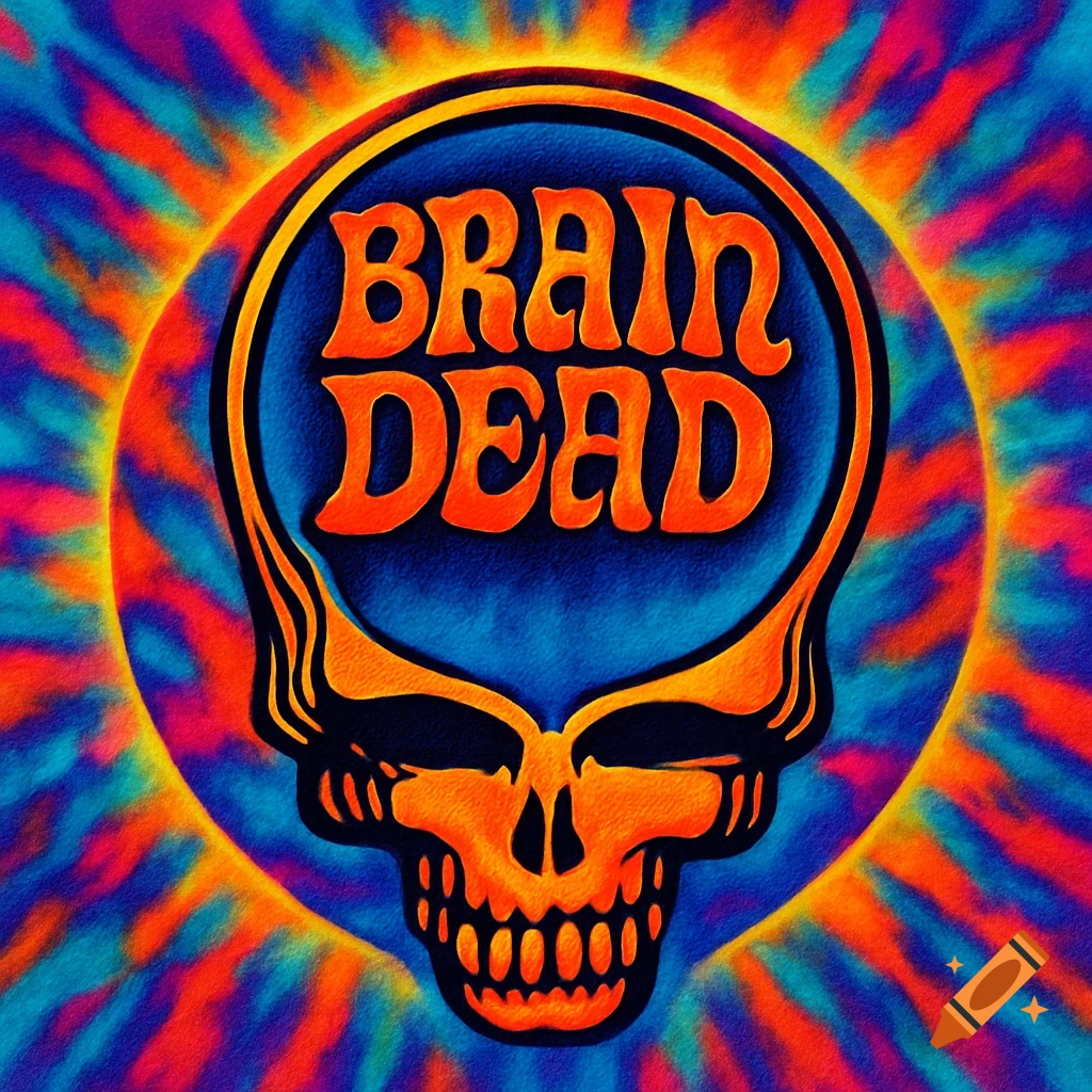 A psychedelic, tie-dye style image of an orange skull with 'BRAIN DEAD' written in orange letters on a blue background, surrounded by radiating colorful patterns.