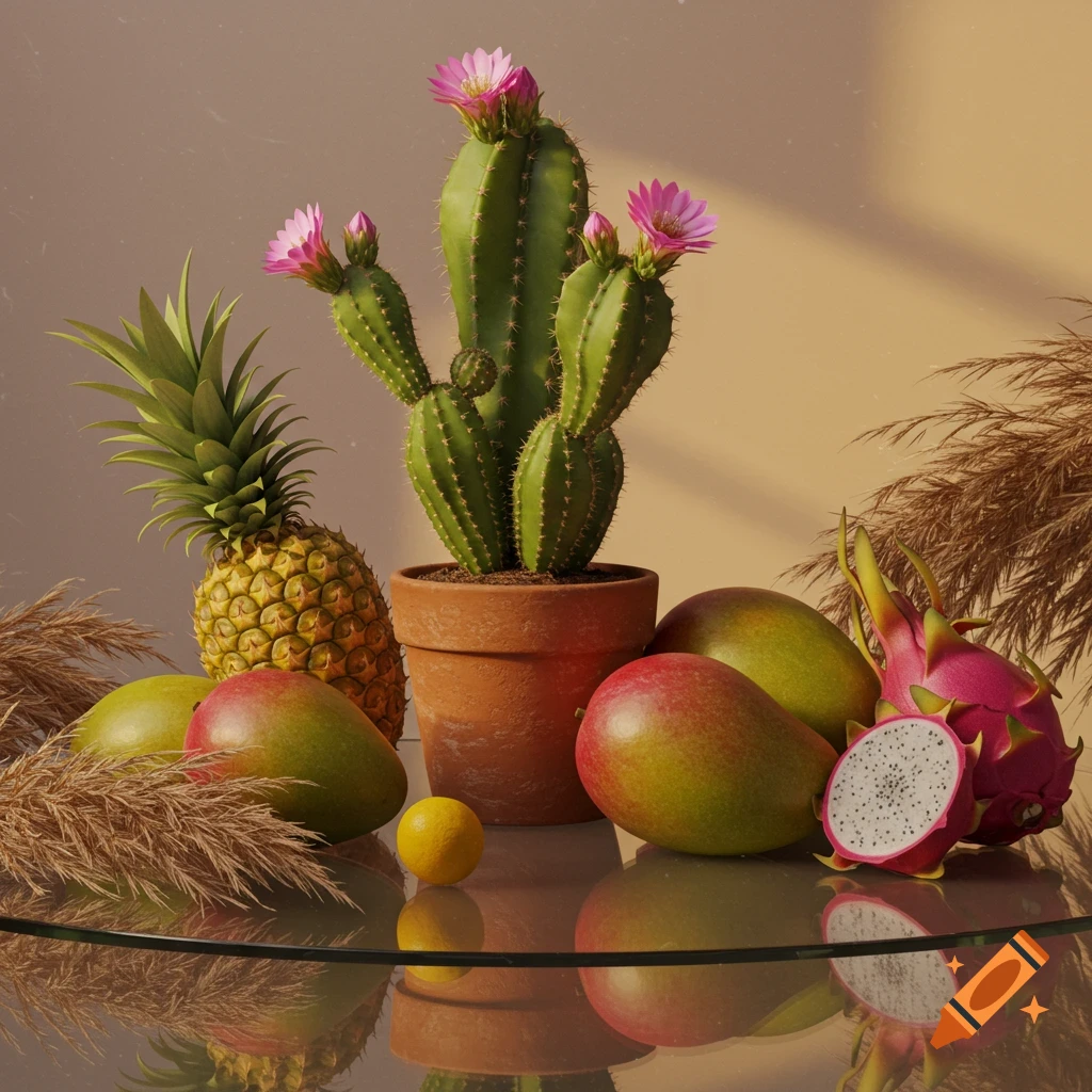 A vibrant still life featuring a potted flowering cactus, pineapple, mangoes, a sliced dragon fruit, and a lemon on a reflective glass table.