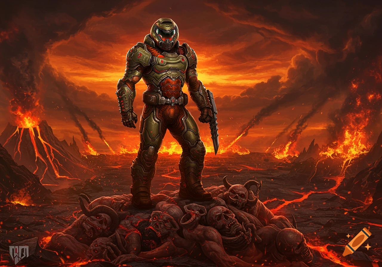 The Doom Slayer stands victoriously on a pile of demon corpses in a fiery, volcanic hellscape.